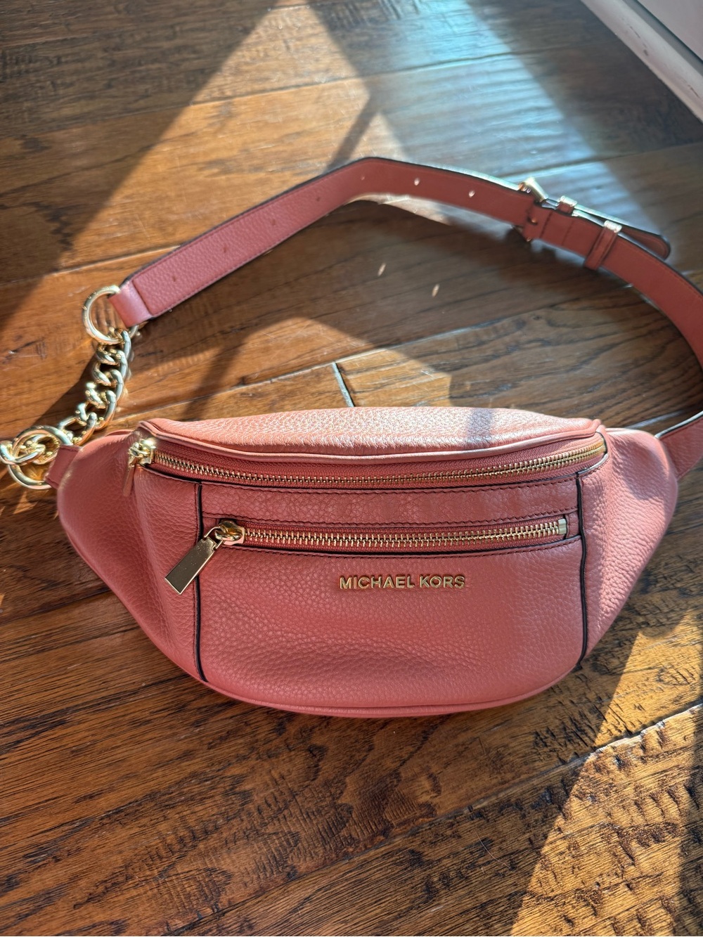 Michael Kors Rose Pink Pebbled Leather Crossbody Belt Bag with Gold Hardware